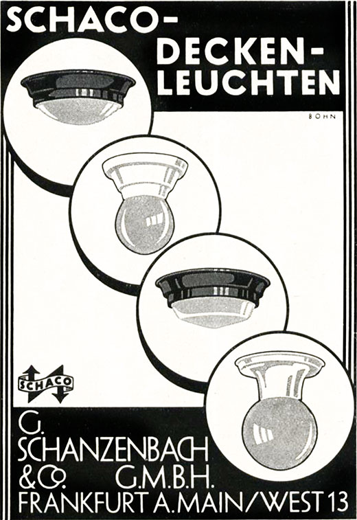 Schanzenbach Anzeige mit „Schaco Decken-Leuchten“
Erscheinungstermin 1929. Gestaltung der Anzeige Hans Bohn.