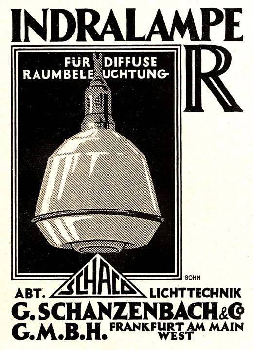 Schanzenbach Anzeige mit „Schaco-INDRA-Lampe R“
Erscheinungstermin 1924. Gestaltung der Anzeige Hans Bohn.