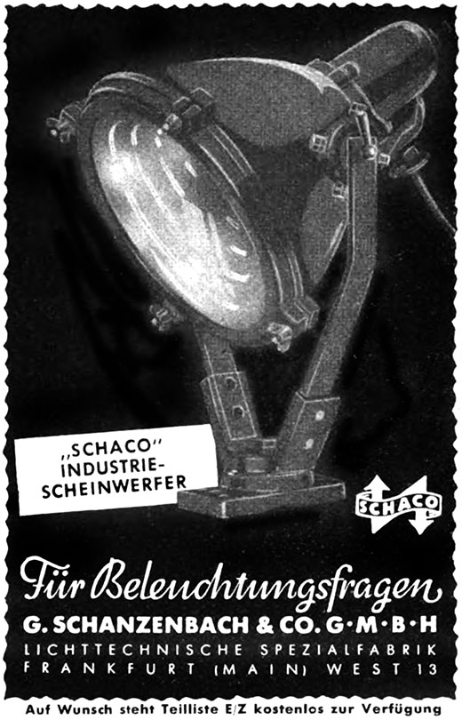 Schanzenbach Anzeige mit „Schaco Industrie Scheinwerfer“
Erscheinungstermin 1938.