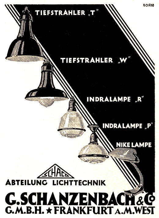 Schanzenbach Anzeige mit „Schaco-Leuchten“
Erscheinungstermin 1924. Gestaltung der Anzeige Hans Bohn.