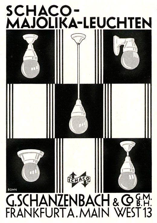Schanzenbach Anzeige mit „Schaco Majolika-Leuchten“
Erscheinungstermin 1929. Gestaltung der Anzeige Hans Bohn.