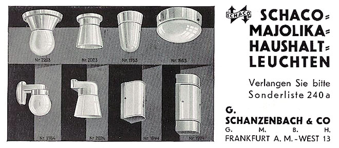 Schanzenbach Anzeige mit „Schaco Majolika-Haushalt-Leuchten“
Erscheinungstermin 1930. 
