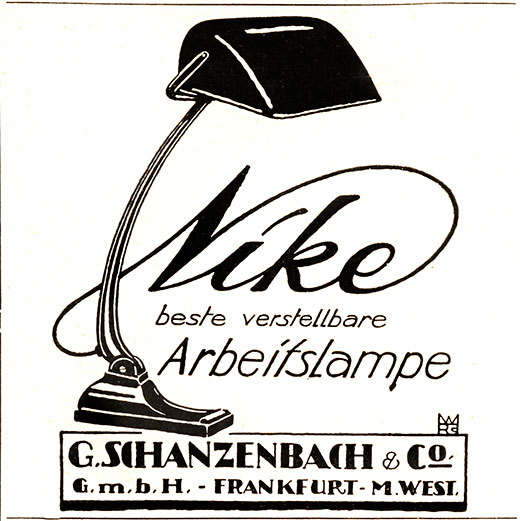 Schanzenbach Anzeige mit „Nike Arbeitslampe“
Erscheinungstermin 1920. 