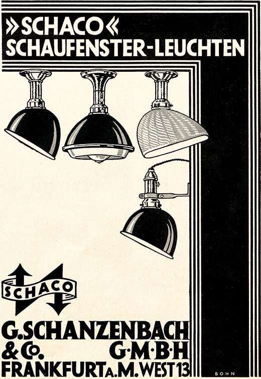 Schanzenbach Anzeige mit „Schaco Schaufenster-Leuchten“
Erscheinungstermin 1927. Gestaltung der Anzeige Hans Bohn.