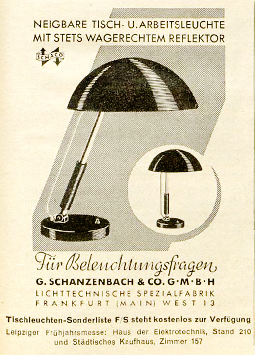 SSchanzenbach Anzeige mit „Neigbare Tisch- und Arbeitsleuchte“
Erscheinungstermin 1937.