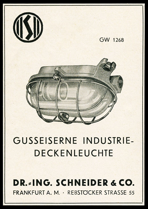 Dr. Ing. Schneider Gusseiserne Industrie Deckenleuchte GW 1268, Anzeige 1936