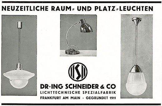 Dr. Ing. Schneider, Moderne Raum- und Platz Leuchten, Anzeige 1930