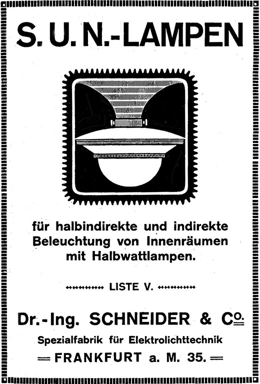 Dr. Ing. Schneider, SUN Lampen, Anzeige 1917