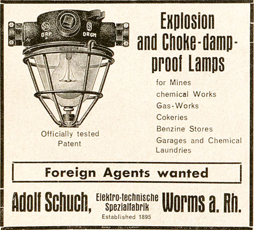 Adolf Schuch Anzeige für explosionsgeschützte Leuchten.
Erscheinungstermin 1930.