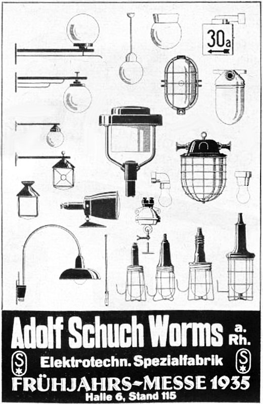 Adolf Schuch Anzeige für Leuchtenprogramm.
Erscheinungstermin 1935.