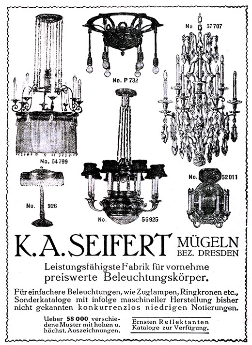 K. A. Seifert Anzeige für preiswerte Beleuchtungskörper.
Erscheinungstermin 1912.
