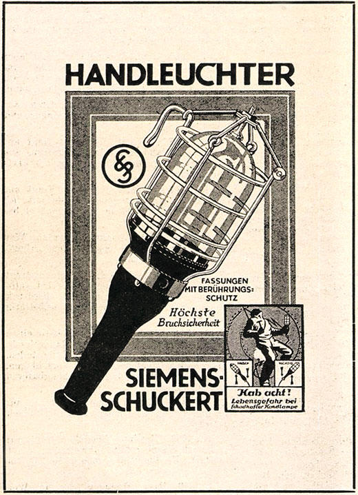 Siemens Anzeige für Handleuchter.
Erscheinungstermin 1928.