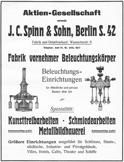 J. C. Spinn & Sohn Anzeige für Beleuchtungskörper
Erscheinungstermin 1908.