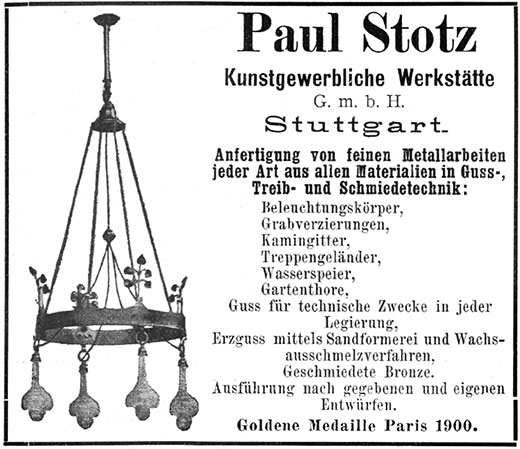 Paul Stotz Anzeige Kunstgewerbliche Werkstätte
Erscheinungstermin 1902.