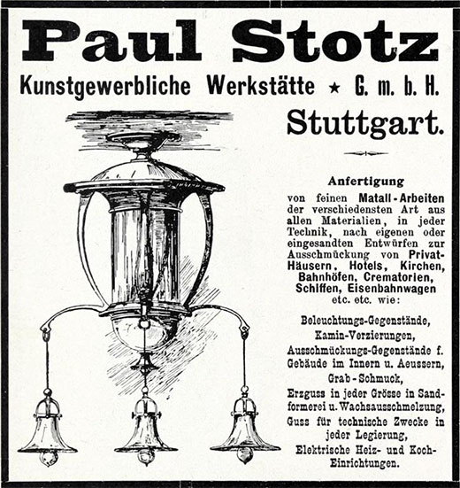 Paul Stotz Anzeige Beleuchtungsgegenstände, Erzguss
Erscheinungstermin 1900.