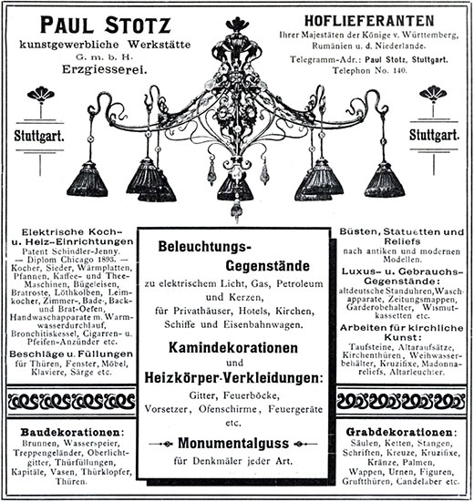 Paul Stotz Anzeige Beleuchtungsgegenstände
Erscheinungstermin 1900.