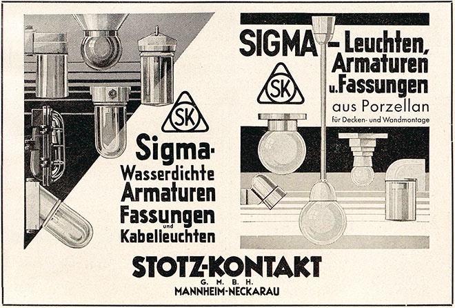 Stotz-Kontakt Anzeige für SIGMA Leuchten.
Erscheinungstermin 1931. 